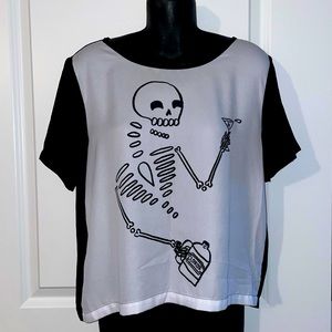 Black and White skeleton drinking a bleach cocktail sheer top